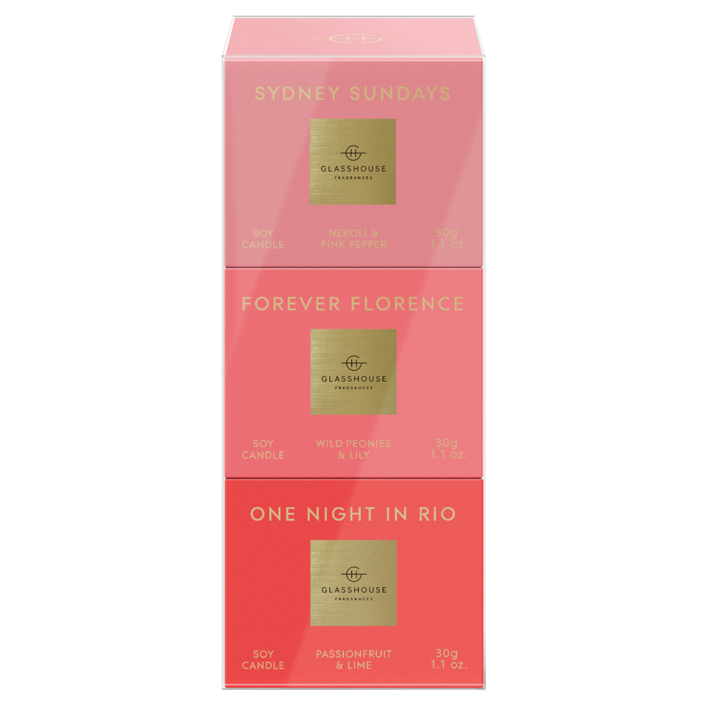 Glasshouse Fragrances ONE NIGHT IN RIO,SYDNEY SUNDAYS,FOREVER FLORENCE