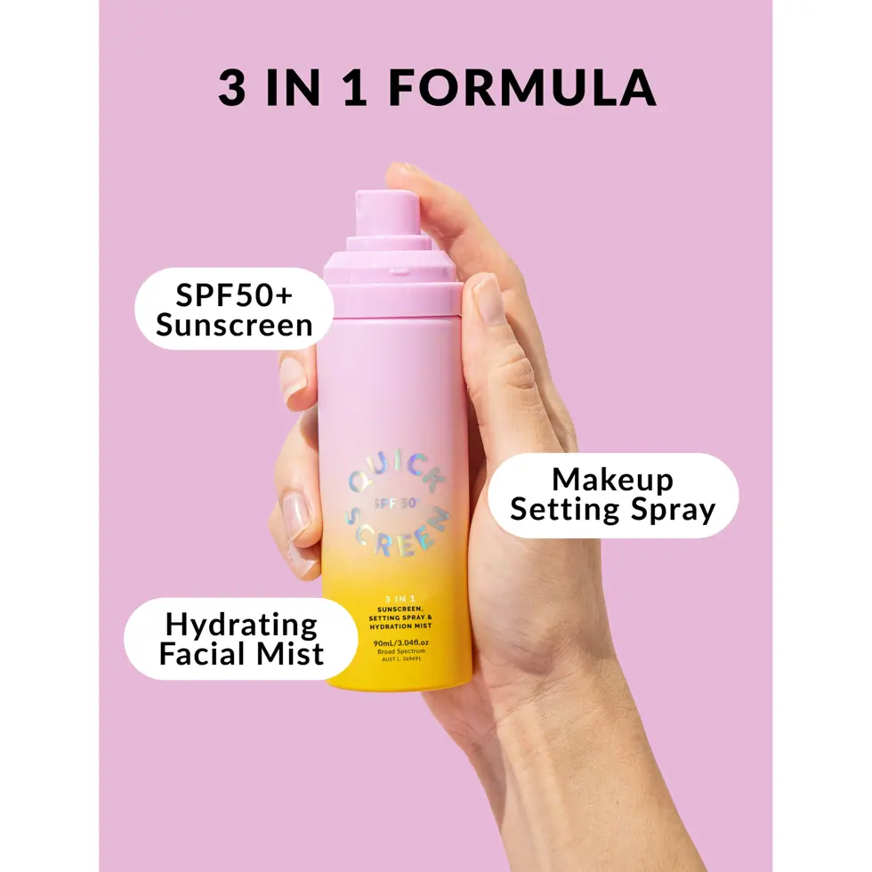 The Quick Flick Quick Screen SPF50+ 3 in 1 Sunscreen, Setting Spray & Hydration Mist