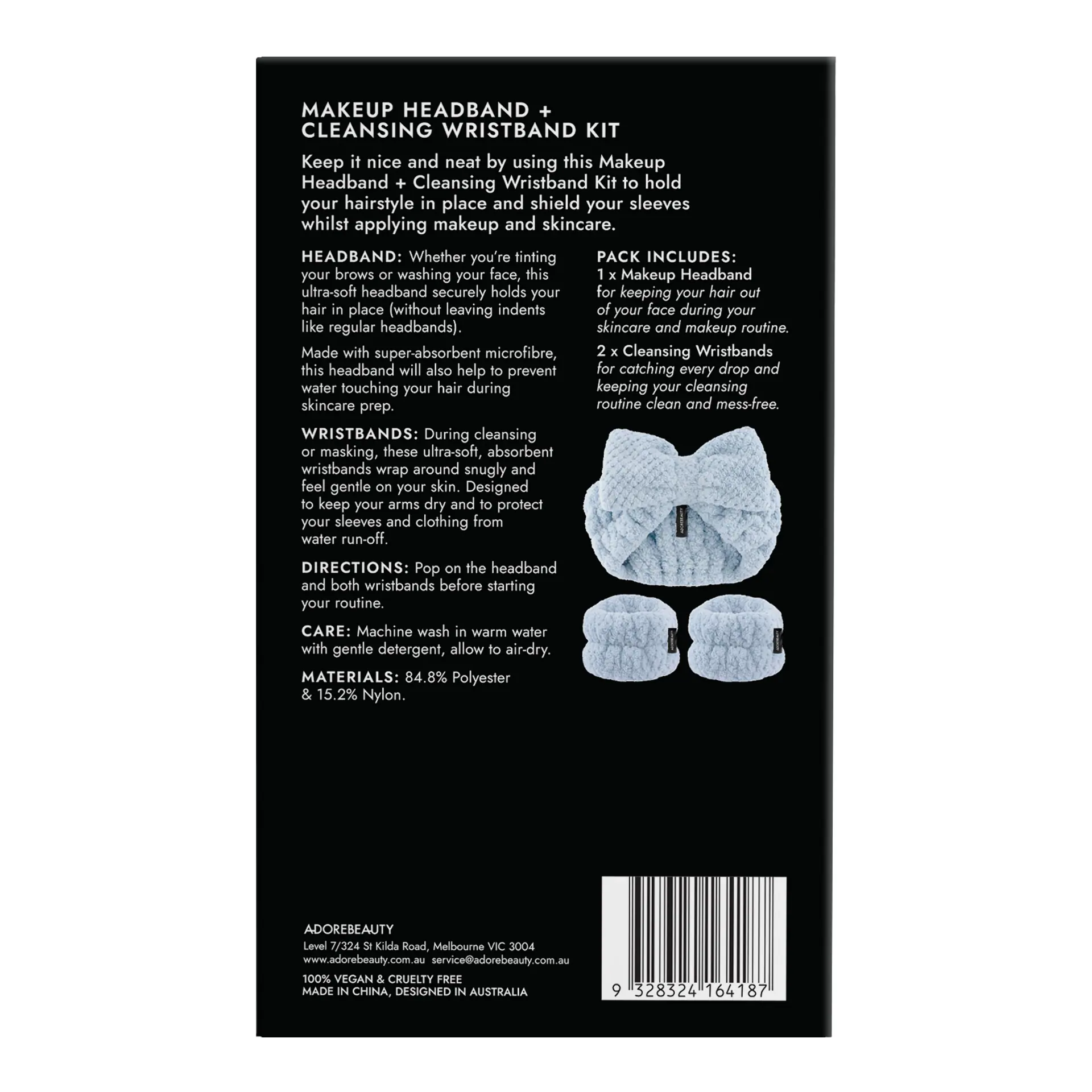 Adore Beauty Makeup Headband + Cleansing Wristband Kit - Blue LIMITED EDITION