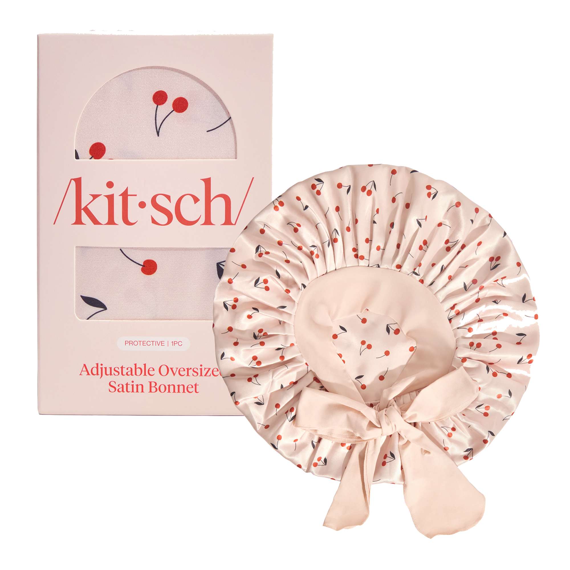 Kitsch Adjustable Oversized Satin Bonnet - Cherry Print