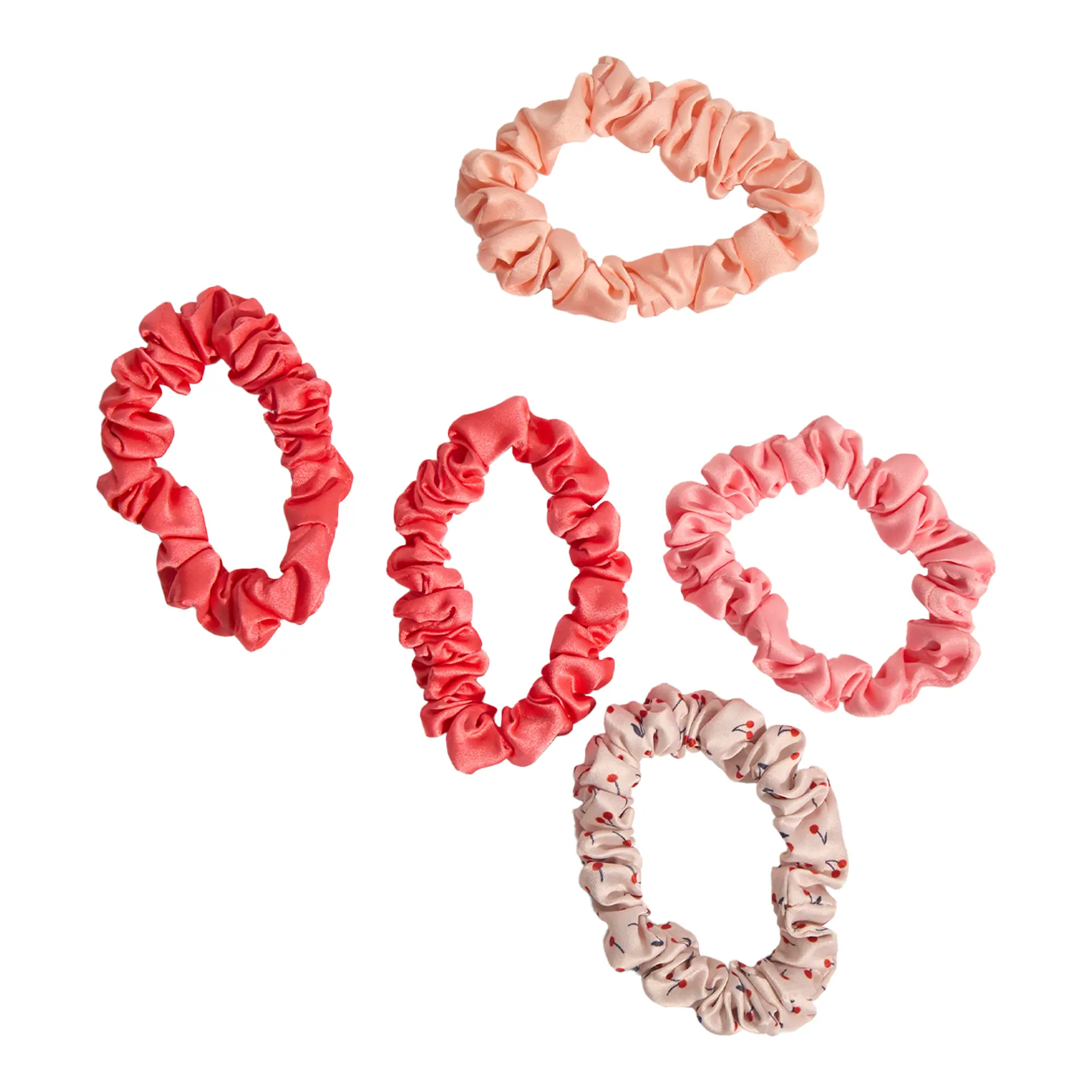 Kitsch Ruched Satin Scrunchies 5pc Set - Assorted Cherry Blossom