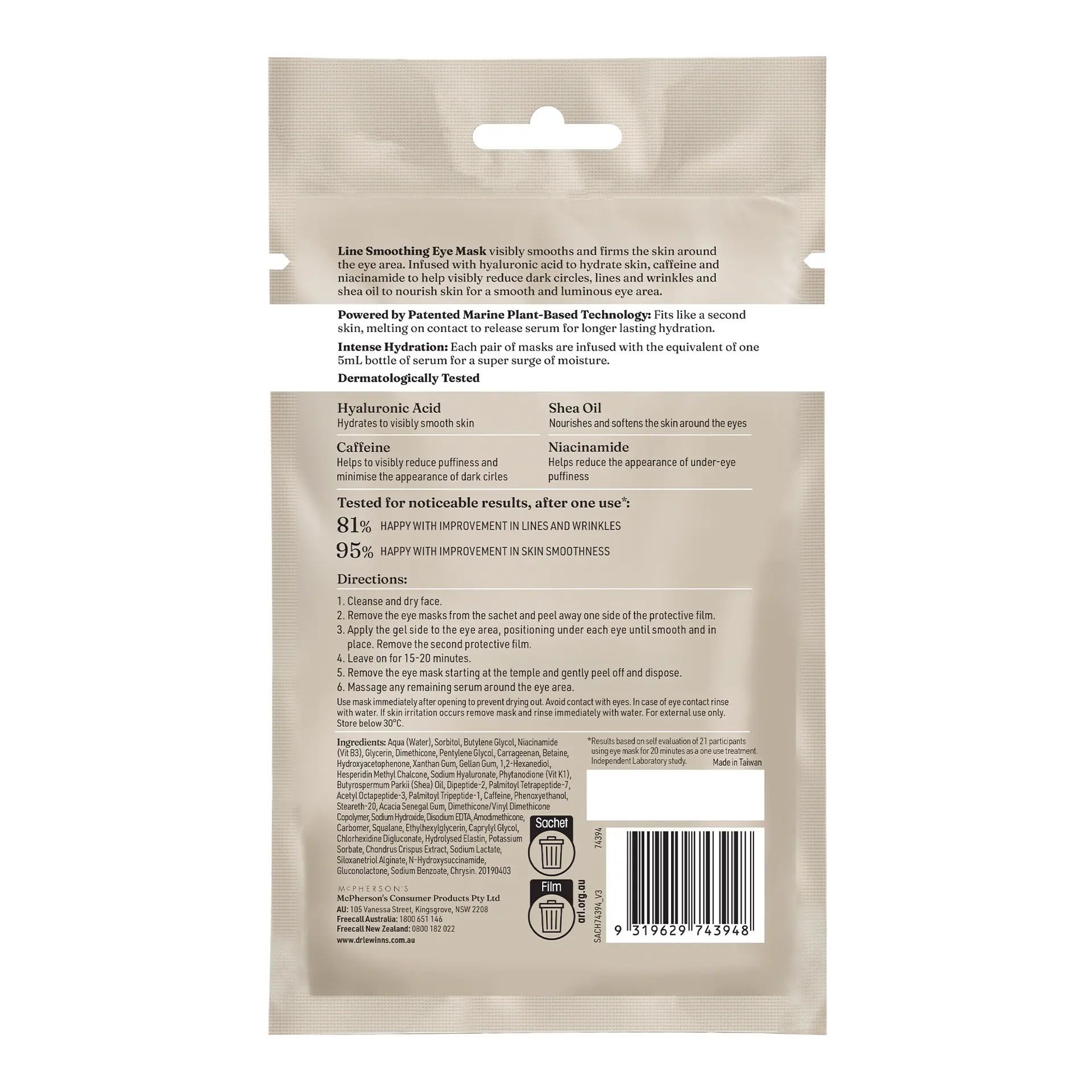 Dr Lewinn's Line Smoothing Complex Hyaluronic Acid & Caffeine Eye Masks 3pk