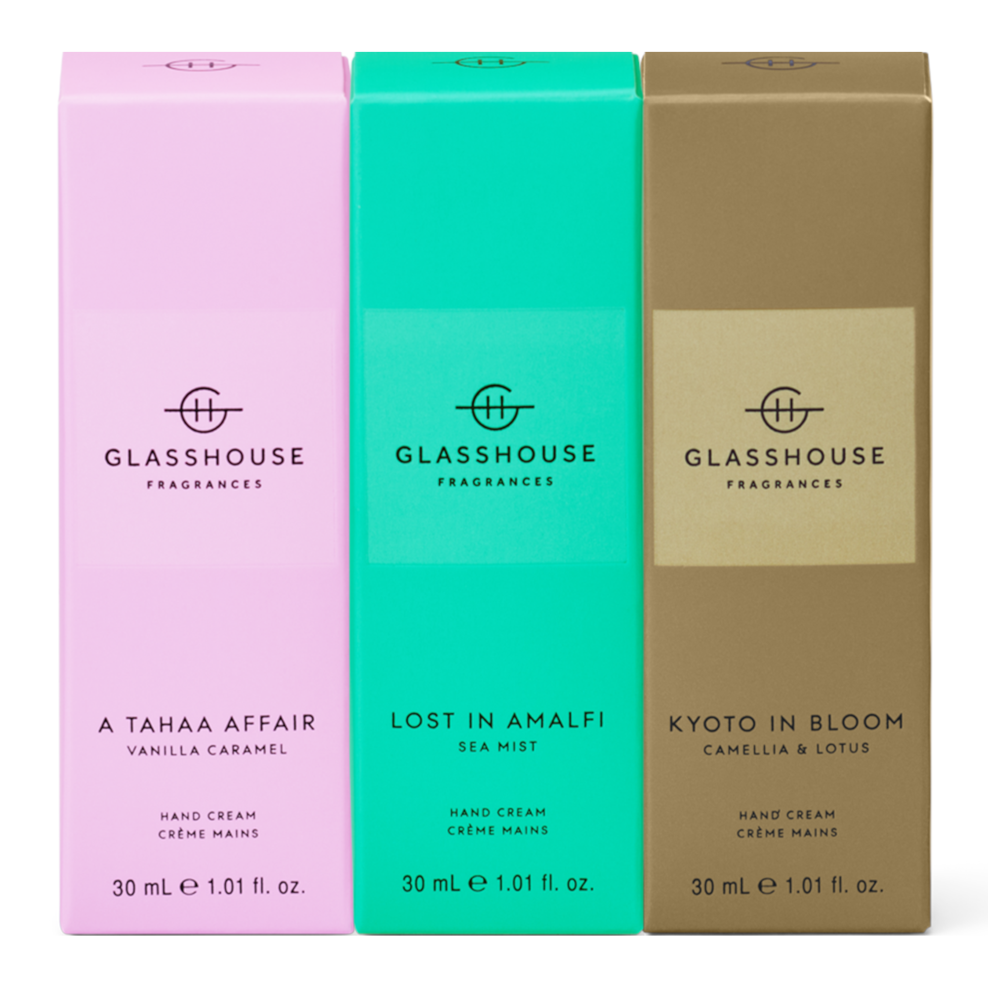 Glasshouse Fragrances 3 x 30ml Hand Cream Trio - Kyoto, Amalfi, Tahaa