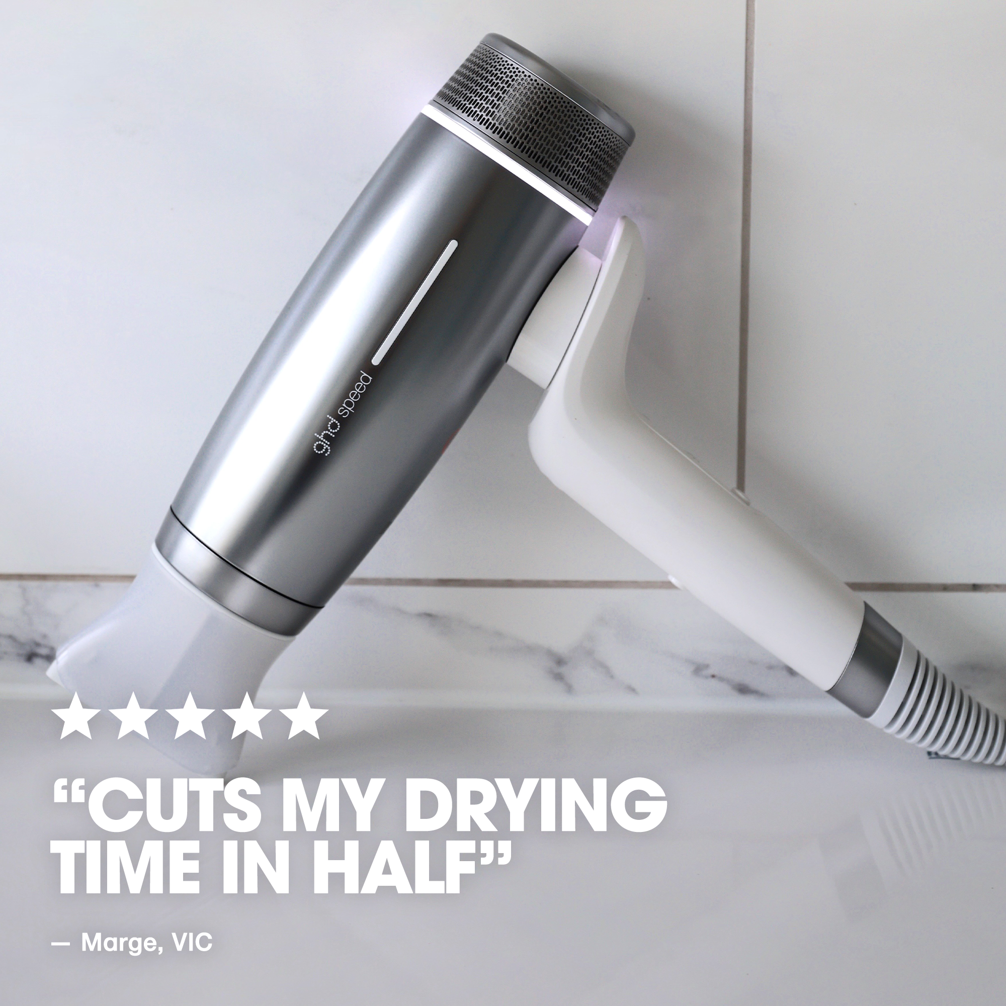 GHD speed professional hair dryer in silver white