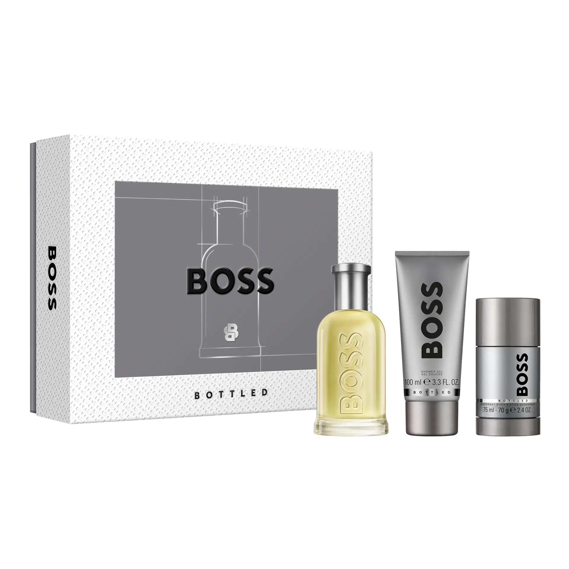 BOSS Bottled Eau de Toilette, Shower Gel, and Deodorant Stick for Men Trio Gift Set