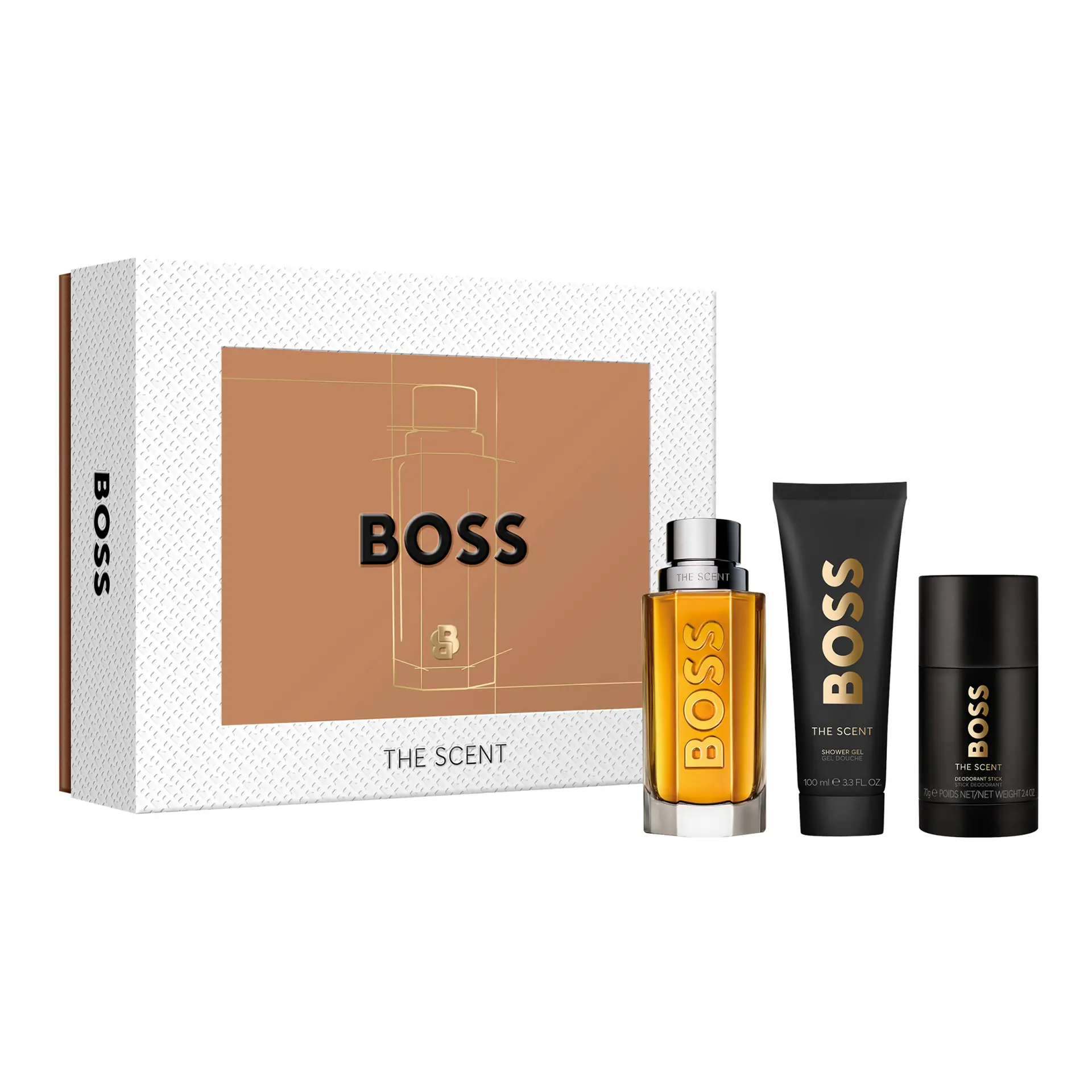 BOSS The Scent Eau de Toilette, Shower Gel, and Deodorant Stick for Men Trio Gift Set
