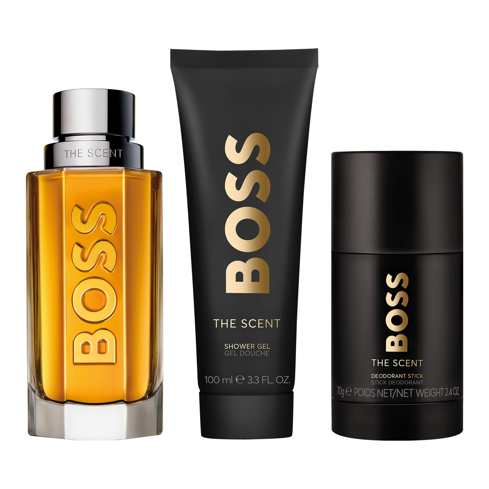 BOSS The Scent Eau de Toilette, Shower Gel, and Deodorant Stick for Men Trio Gift Set