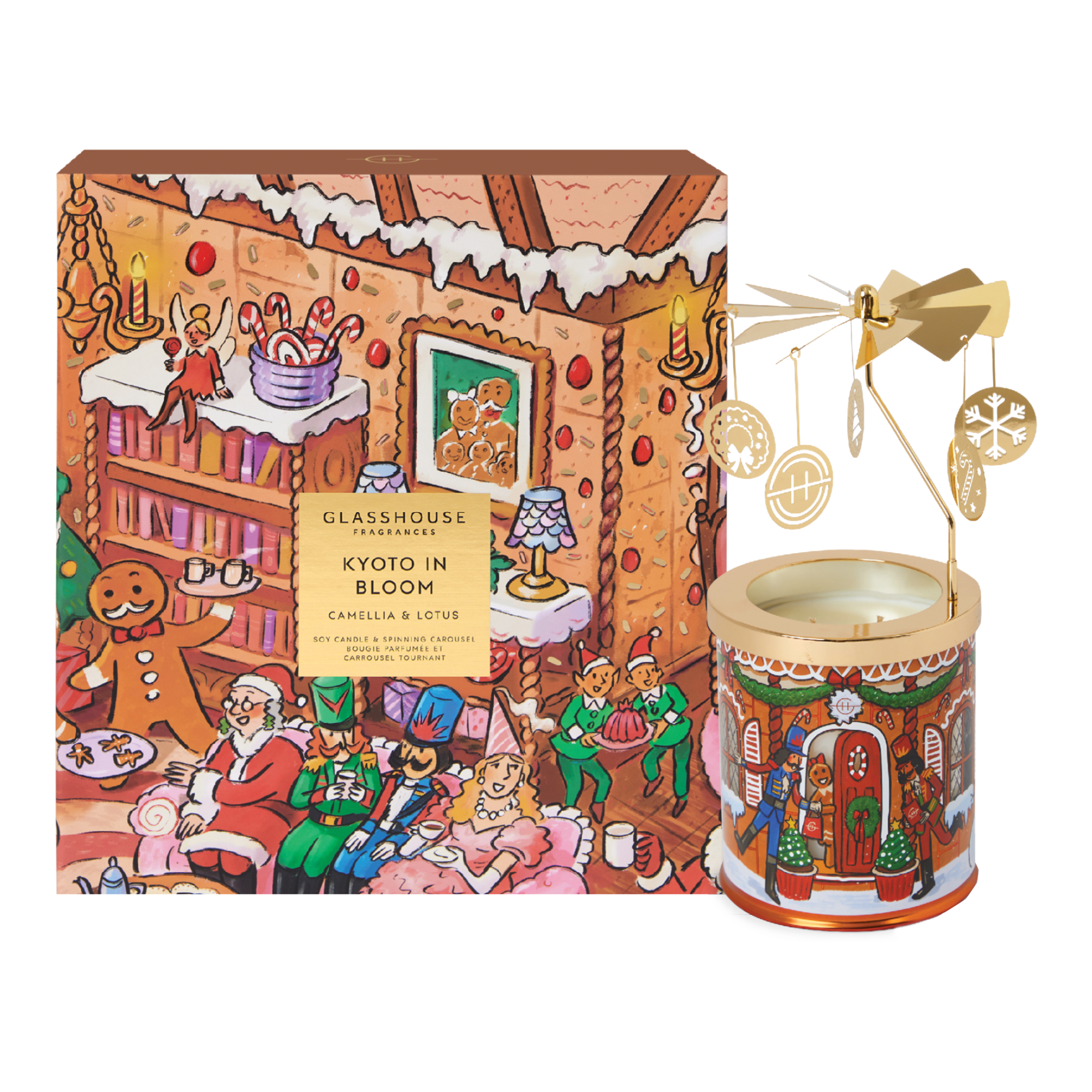 Glasshouse Fragrances 380g Candle with Spinning Carousel Gift Set - Christmas - Kyoto In Bloom - X26